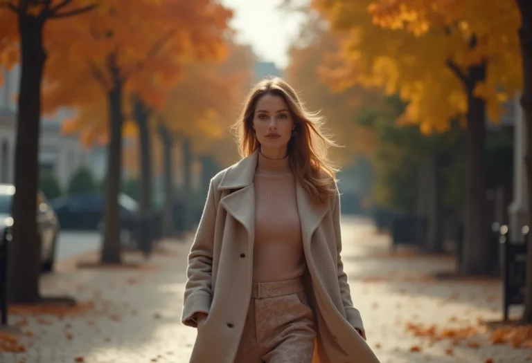 Mulher elegante vestindo roupas de outono/inverno com estampas discretas e sofisticadas.