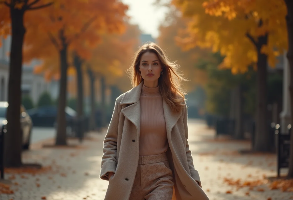 Mulher elegante vestindo roupas de outono/inverno com estampas discretas e sofisticadas.