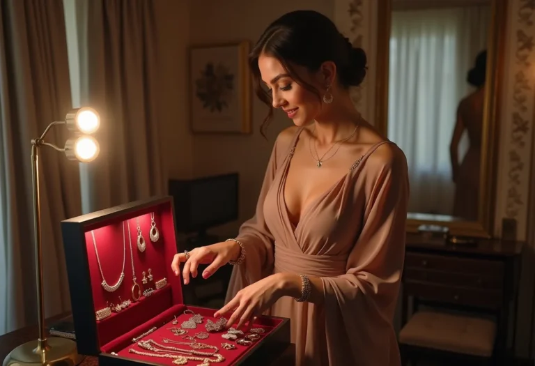 Mulher escolhendo acessórios para combinar com vestido de festa longo