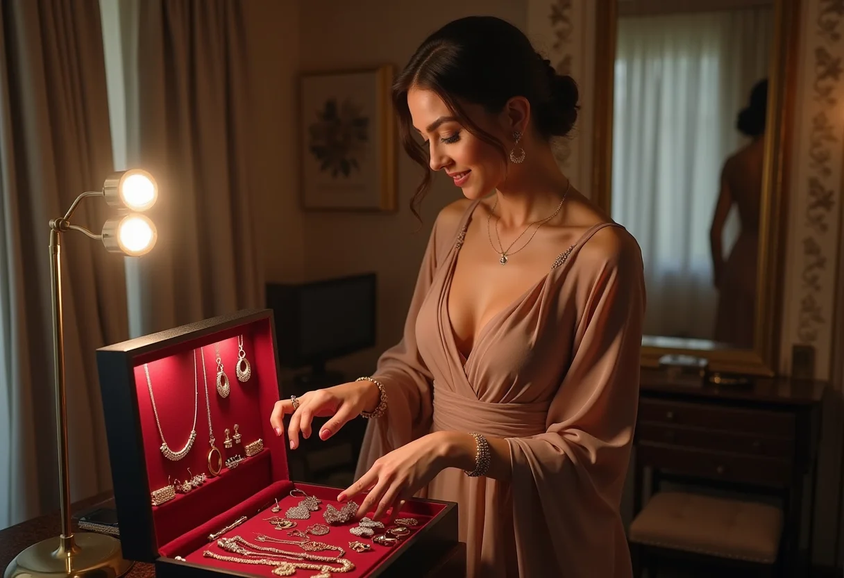 Mulher escolhendo acessórios para combinar com vestido de festa longo