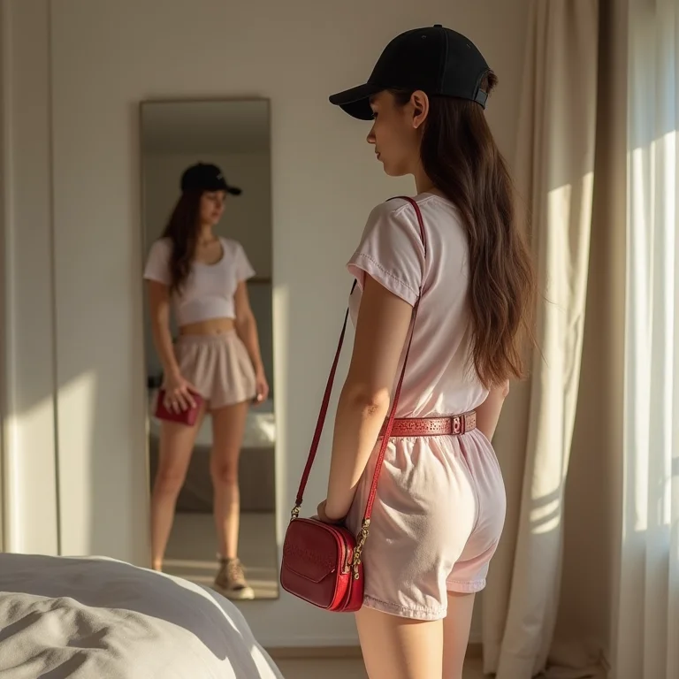 Mulher escolhendo acessórios para look streetwear feminino com tênis Jordan em quarto moderno