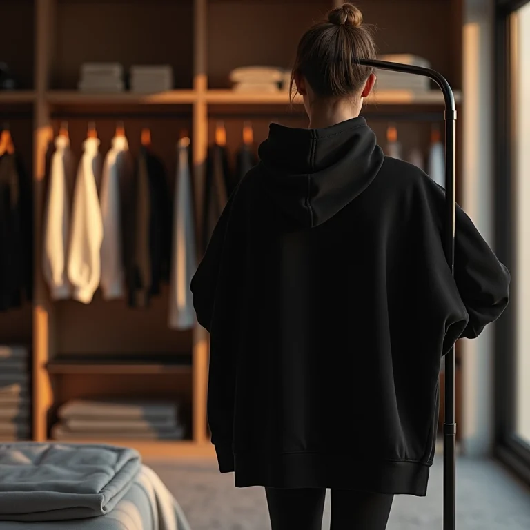 Mulher escolhendo hoodie preto para combinar com tênis Jordan em quarto moderno