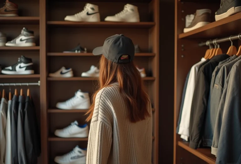 Mulher escolhendo tênis Jordan para look streetwear feminino em closet minimalista