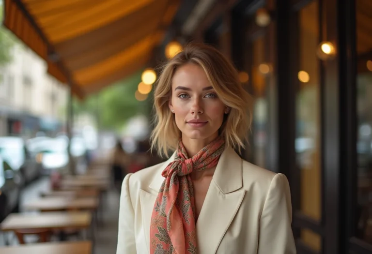 Mulher estilosa usando lenço de seda em look casual em 2024.