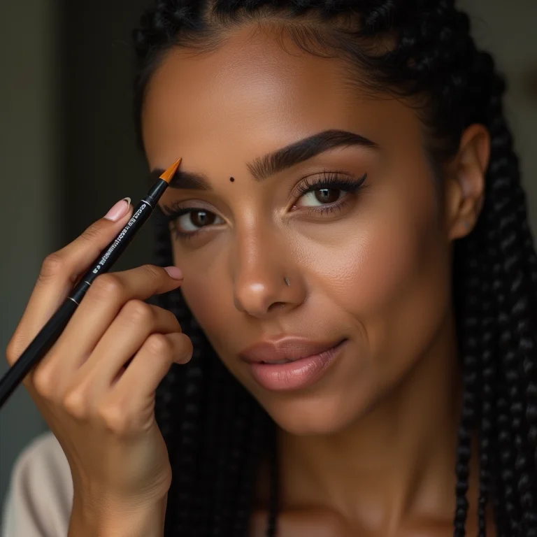 Mulher indígena definindo as sobrancelhas com lápis.