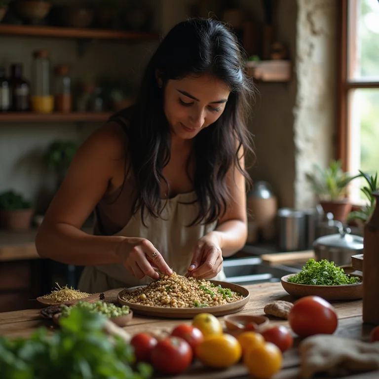 Mulher indígena preparando jantar rico em proteína vegetal.