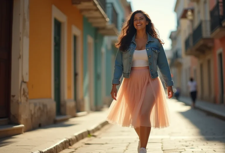 Mulher jovem e estilosa usando saia de tule na rua