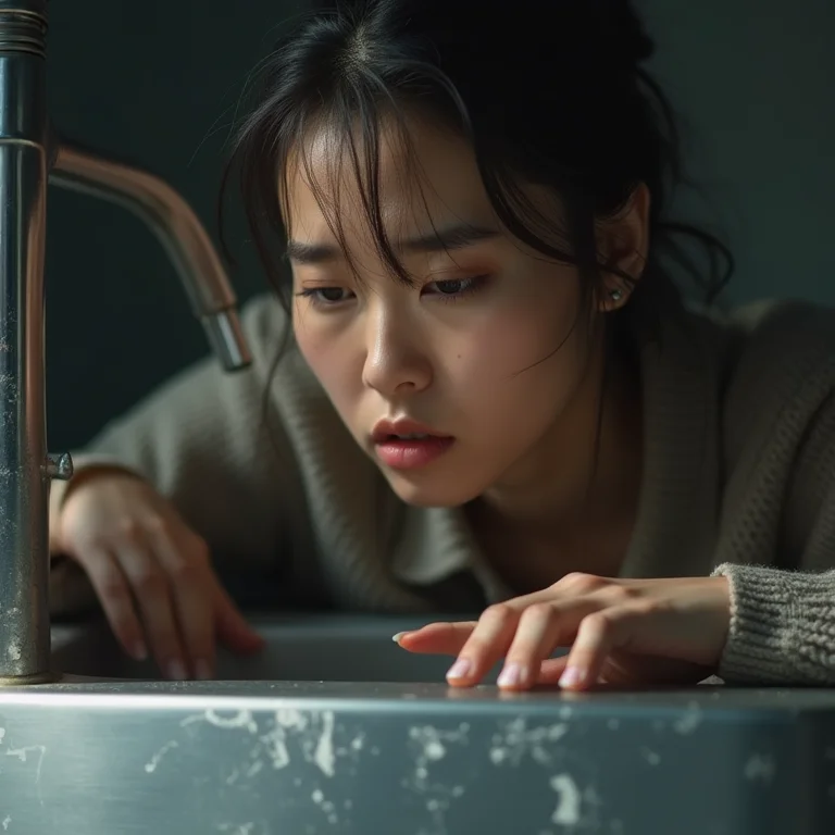 Mulher jovem frustrada olhando para pia de inox danificada