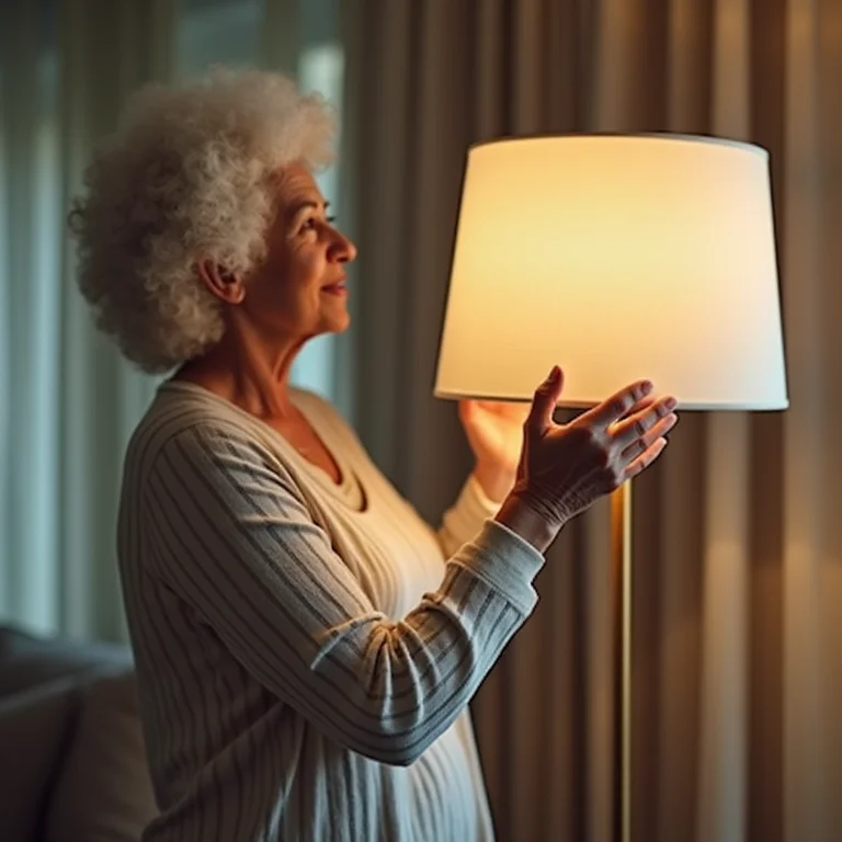 Mulher madura ajustando um abajur de chão moderno