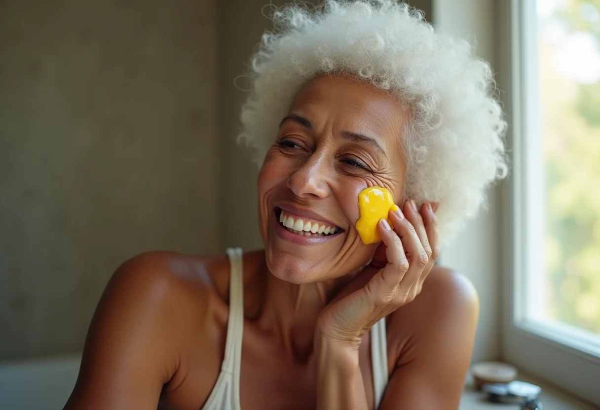 Mulher madura aplicando máscara de ovo no rosto