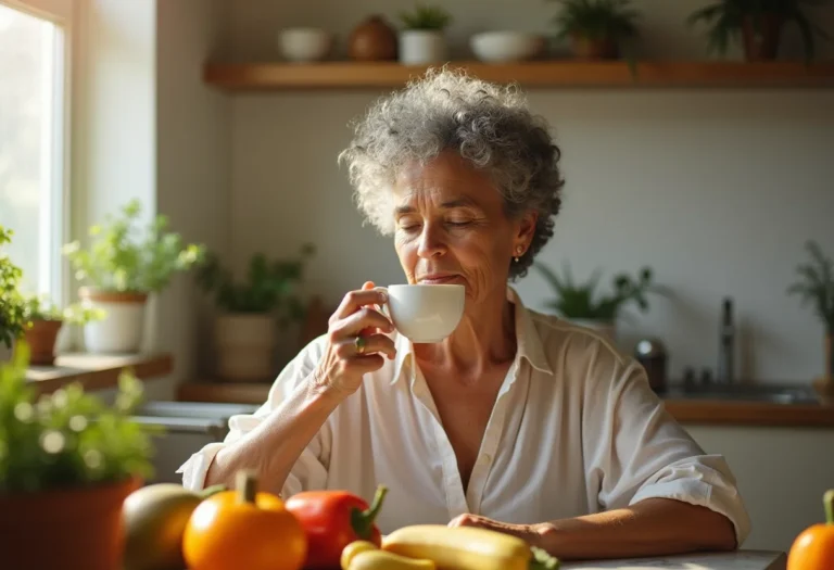 Mulher madura brasileira tomando chá para aliviar fibromialgia