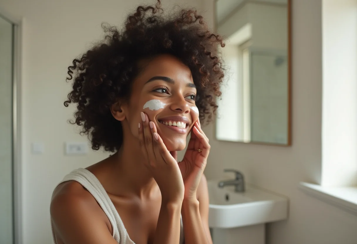 Mulher negra aplicando creme para rosácea no rosto
