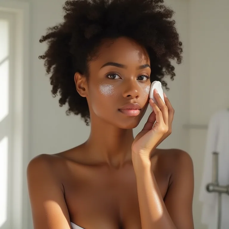 Mulher negra aplicando tônico de chá de rosas no rosto.