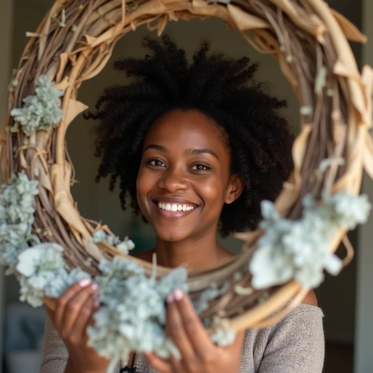 Mulher negra criando guirlanda sustentável