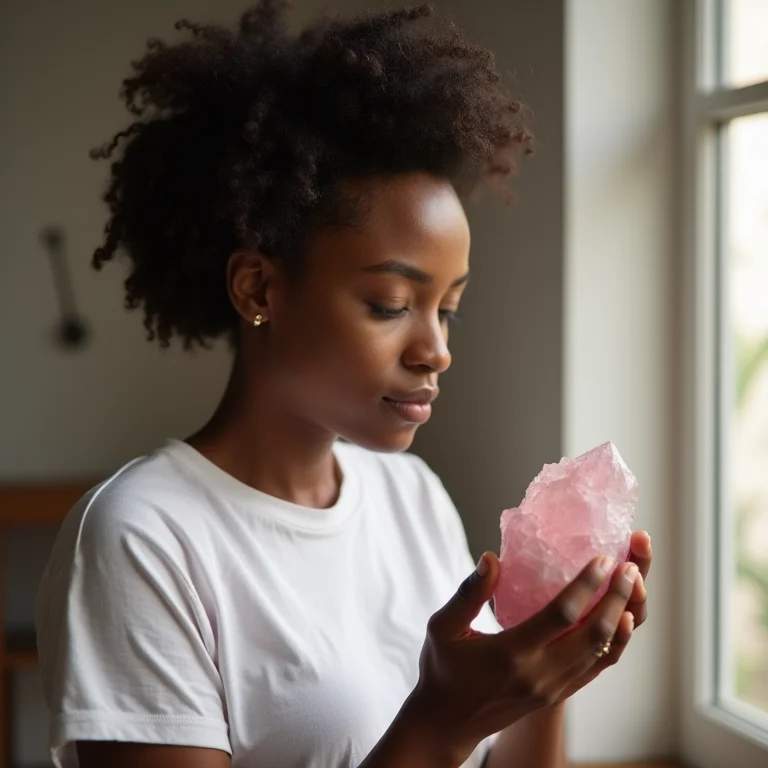 Mulher negra escolhendo cristal para meditação