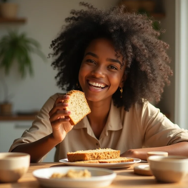 Mulher negra sorrindo com fatia de pão de quinoa e linhaça