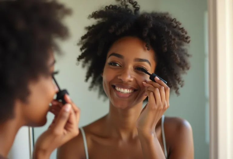 Mulher negra sorrindo enquanto aplica máscara de cílios