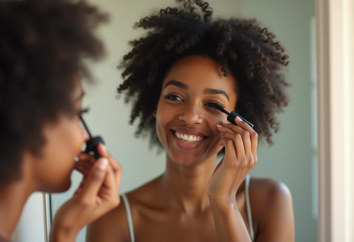 Mulher negra sorrindo enquanto aplica máscara de cílios