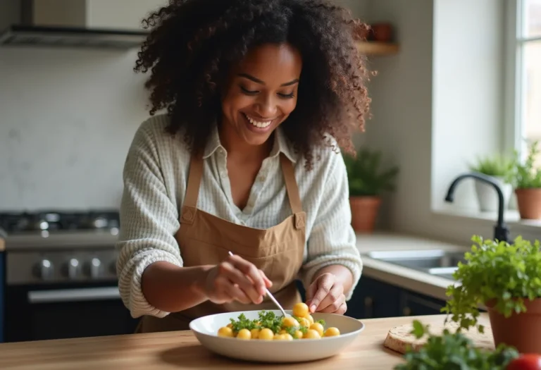 Mulher negra sorrindo enquanto prepara refeição hiperproteica.