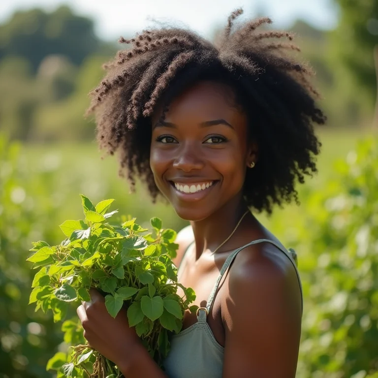 Mulher negra sorrindo enquanto segura huacatay fresco em um jardim ensolarado