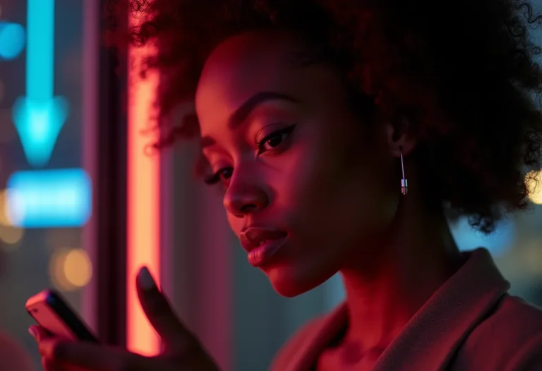 Mulher negra sorrindo segurando celular