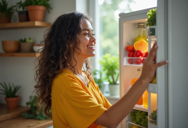 Mulher organizando geladeira de forma eficiente e colorida