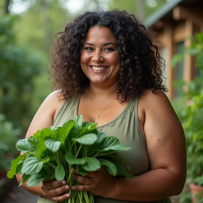 Mulher parda sorrindo segurando espinafre fresco no jardim.