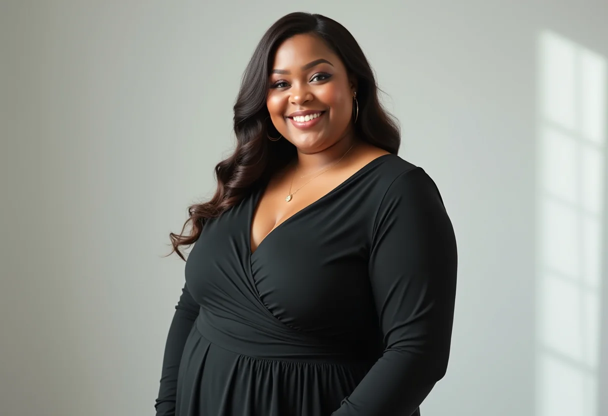 Mulher plus size confiante em vestido que disfarça a barriga