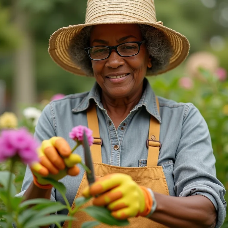 Mulher podando uma planta Diascia em vaso com tesoura de poda.