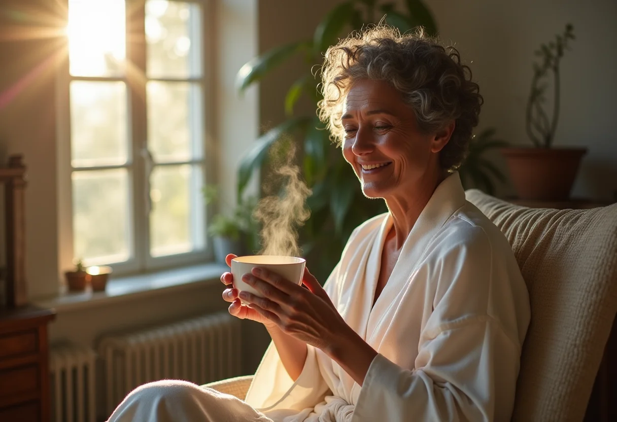 Mulher relaxando com chá de melissa e hortelã
