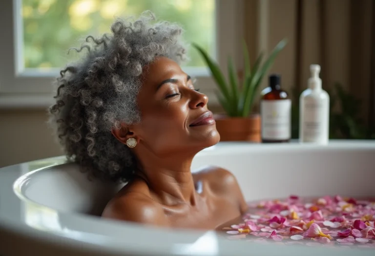 Mulher relaxando em banheira com produtos naturais