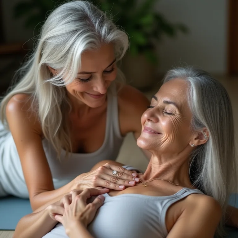 Mulher sênior guiando meditação com cristais