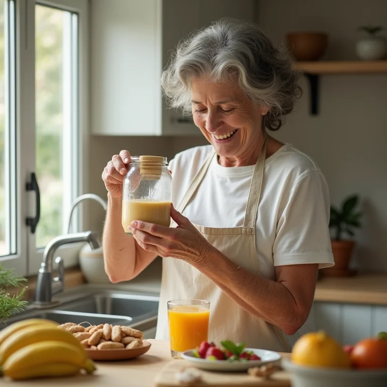 Mulher sênior preparando café da manhã hiperproteico.