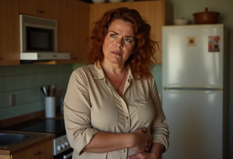 Mulher sentindo dor de estômago após comer alimentos que causam refluxo