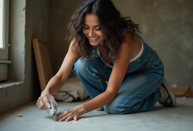 Mulher sorrindo enquanto impermeabiliza piso de cimento queimado