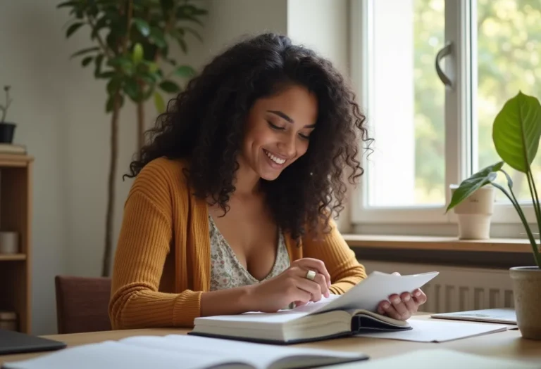 Mulher sorrindo enquanto organiza sua agenda, representando gestão de tempo.