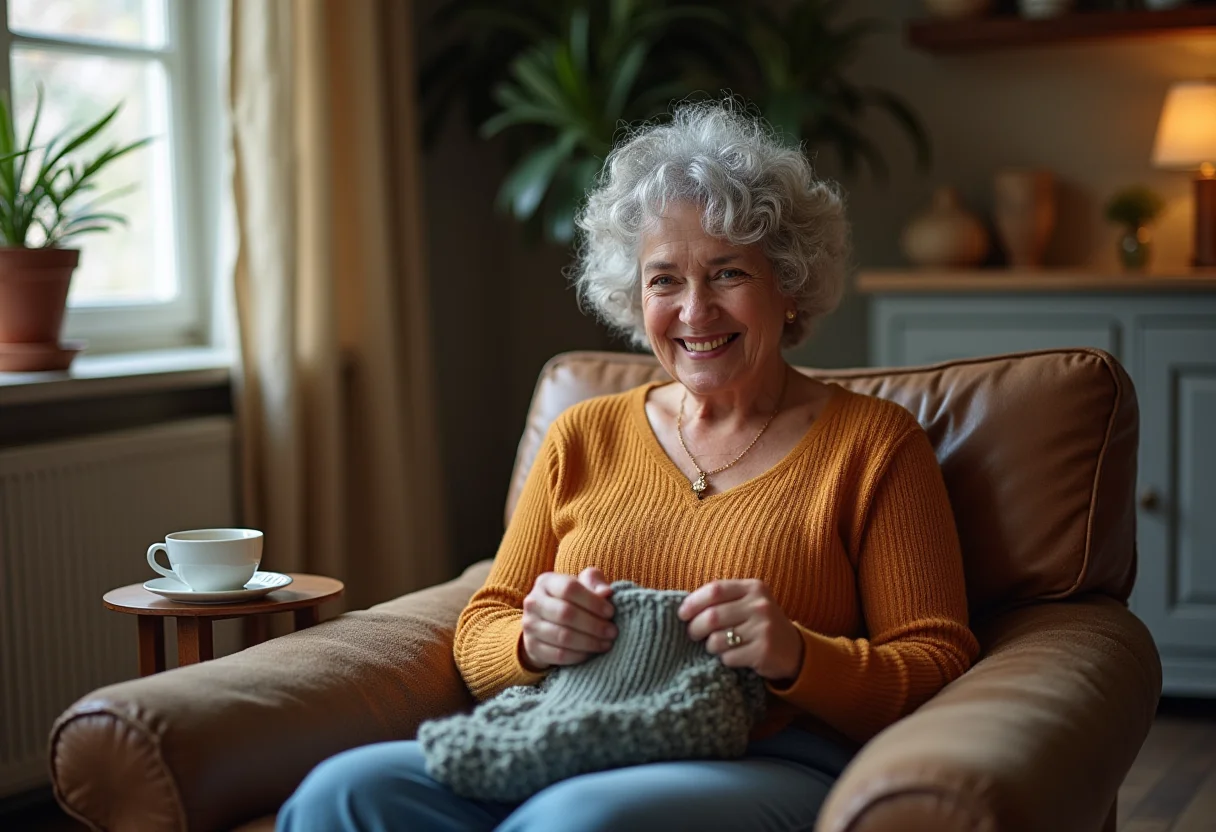 Mulher sorrindo tricota pantufa de crochê em casa