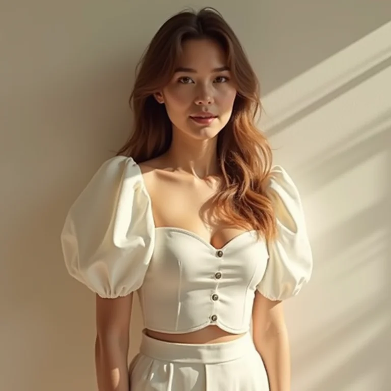 Mulher vestindo uma blusa com mangas bufantes, demonstrando como esse estilo pode influenciar a aparência dos ombros.