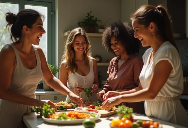 Mulheres brasileiras de diferentes etnias e idades cozinham juntas pratos da culinária peruana