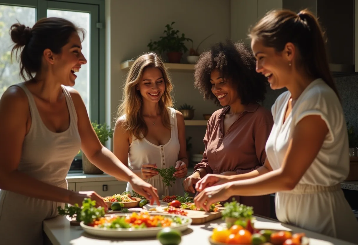 Mulheres brasileiras de diferentes etnias e idades cozinham juntas pratos da culinária peruana