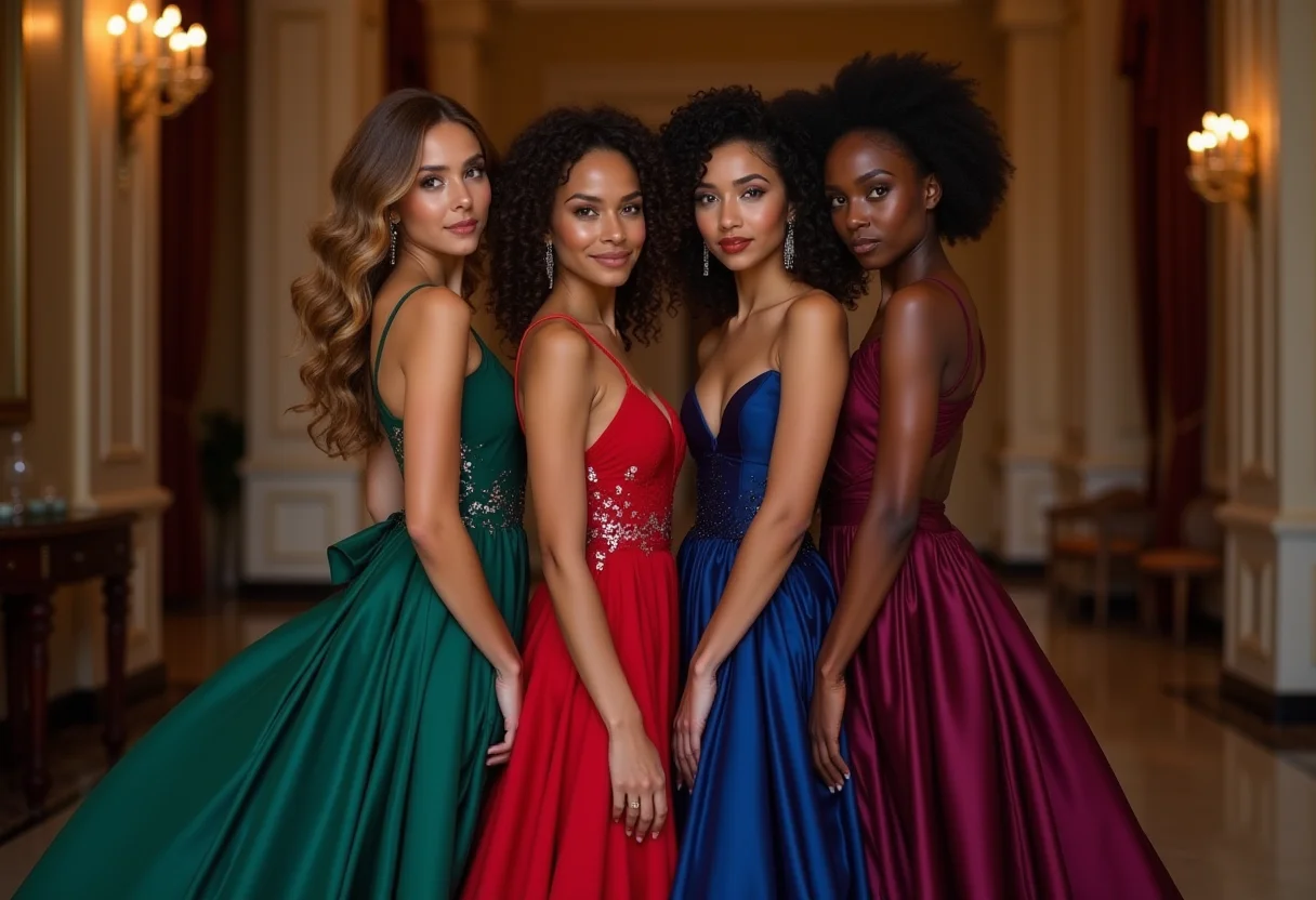 Mulheres morenas deslumbrantes em vestidos de festa elegantes em tons de joias.