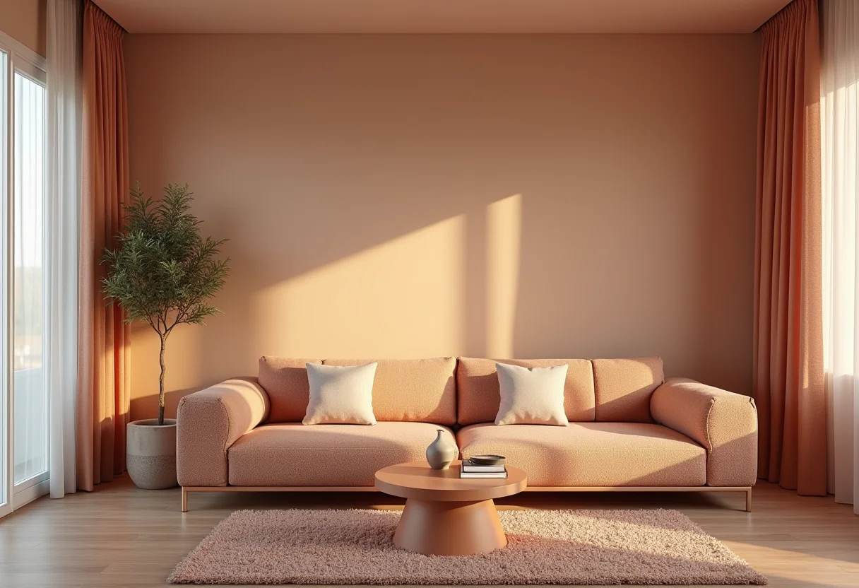 Paleta de cores outono inverno 2026 em apartamento moderno com luz suave e texturas detalhadas.