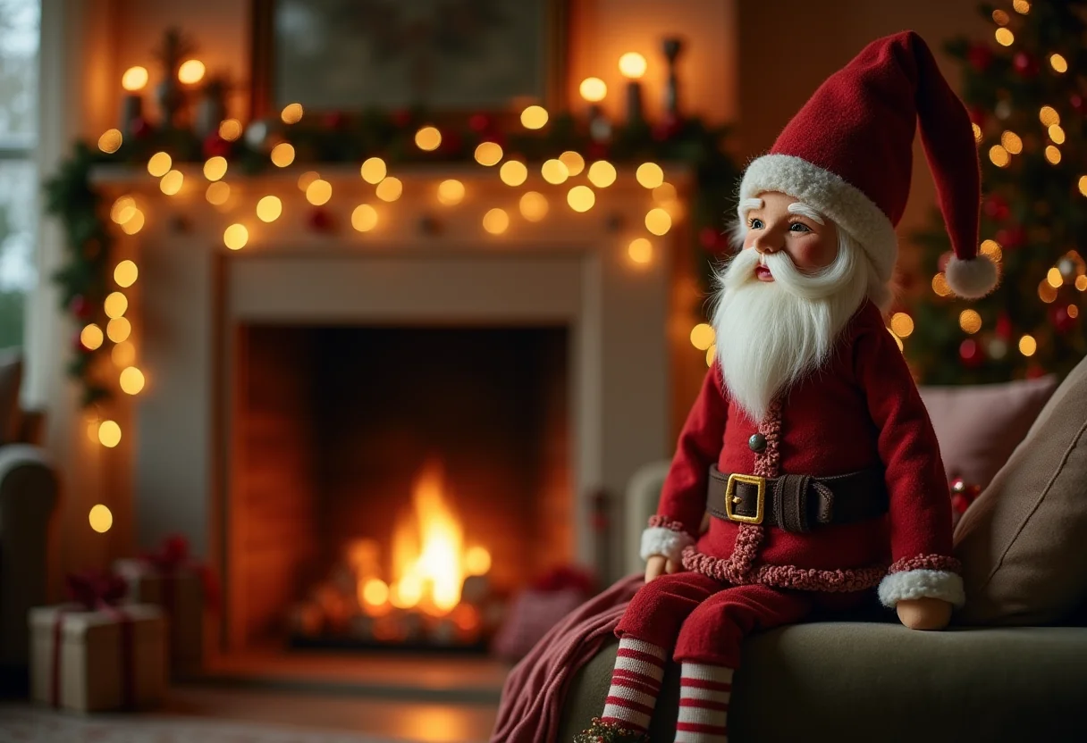 Papai Noel de tecido artesanal decorando lareira natalina