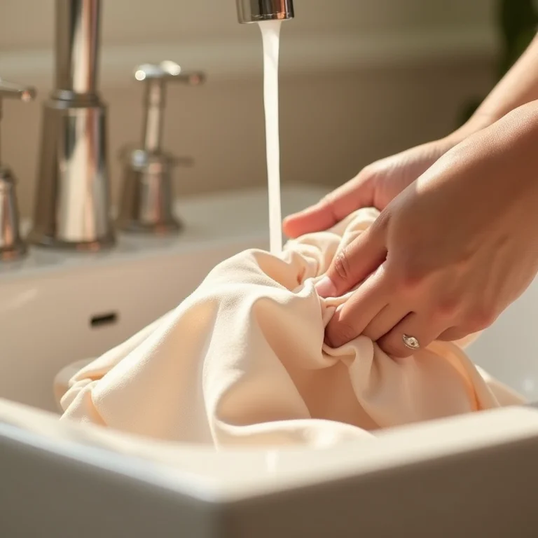 Peça de seda delicada sendo lavada à mão em uma pia de banheiro luxuosa.