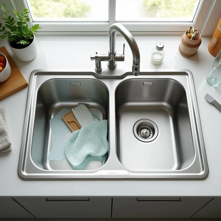 Pia de inox nova com acessórios de proteção e limpeza preventiva