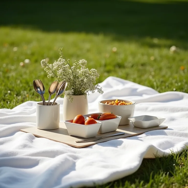 Piquenique Pinterest Moderno Minimalista: manta branca simples, recipientes geométricos e talheres de aço inoxidável.
