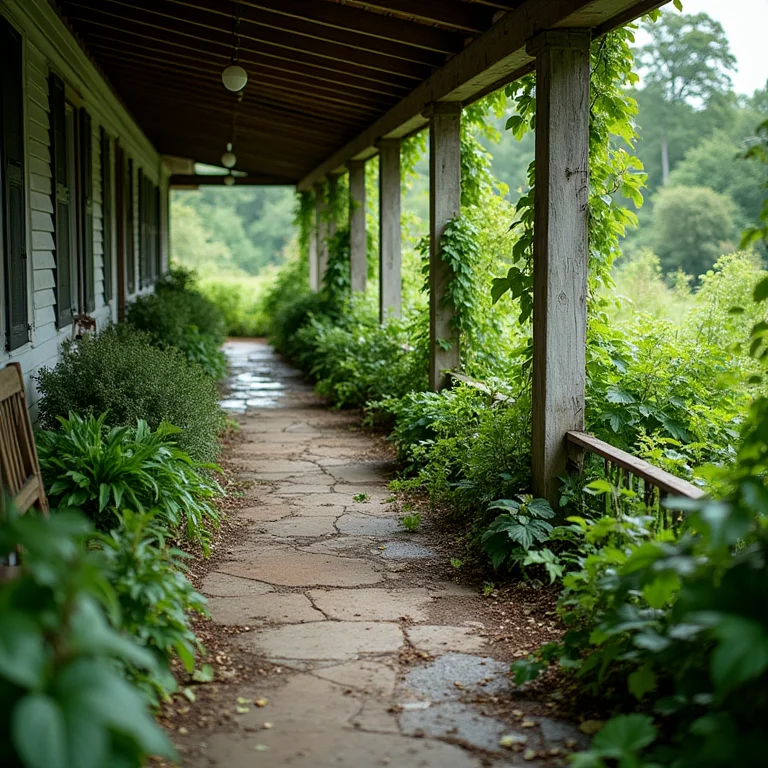 Plantas sem planejamento e mal cuidadas em varanda de casa de campo.
