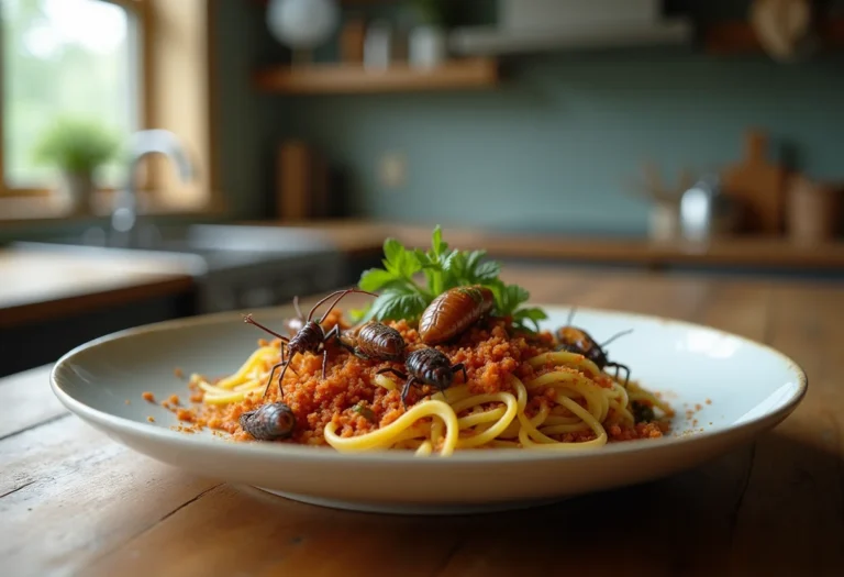 Prato sofisticado com diversos insetos comestíveis temperados com especiarias brasileiras.