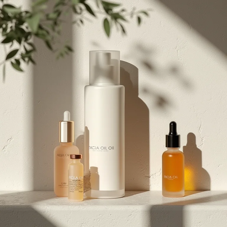 Produtos de skincare em uma composição minimalista com luz natural.