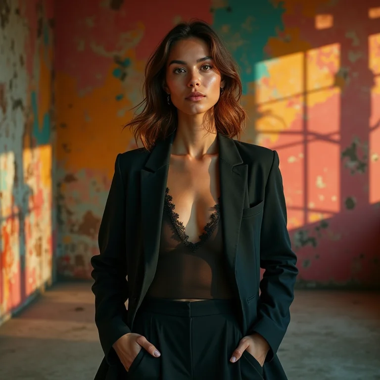 Quebrando a formalidade: blazer preto alongado combinado com cores e estampas para um look moderno e divertido.